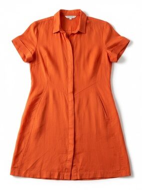 J. Jill 100% Linen Orange Midi Dress | M | European Summer Shirt Dress | Pockets